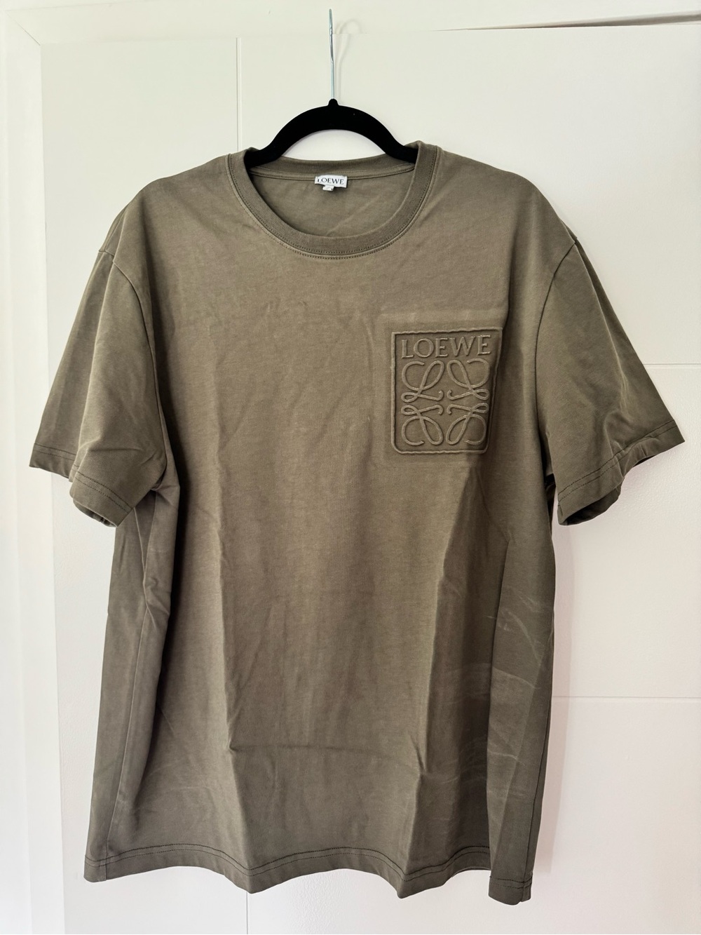 Loewe inspired Olive Green Crewneck T-Shirt with Embroidered Logo Patch